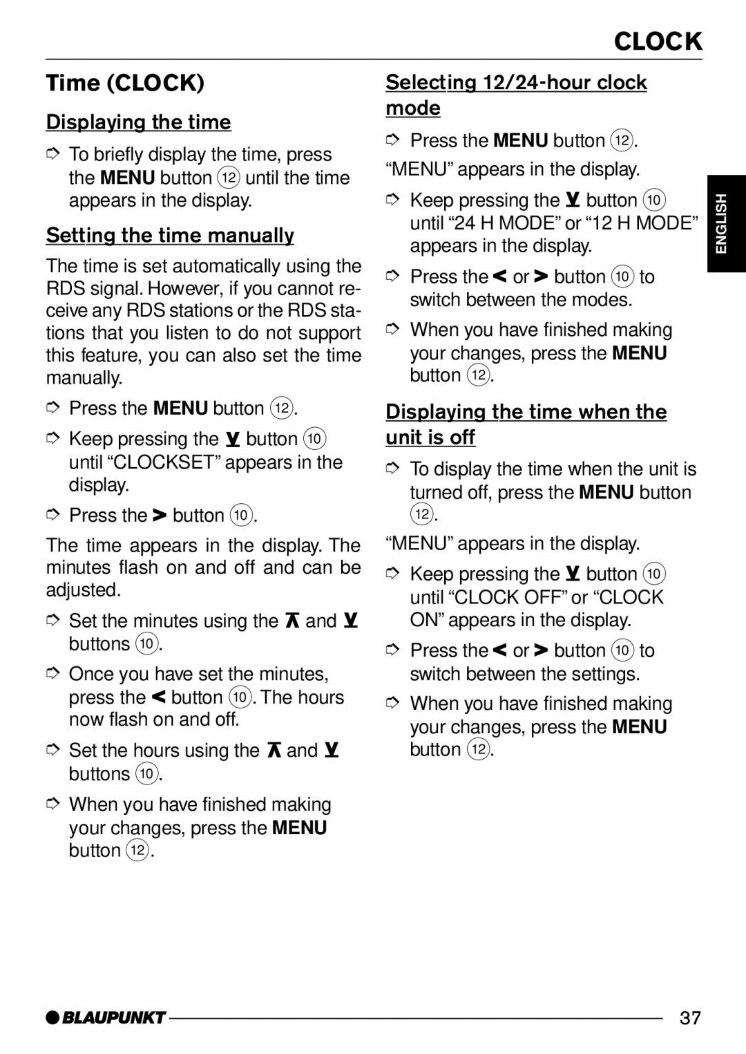 Blaupunkt CD30 operating instructions Time Clock 