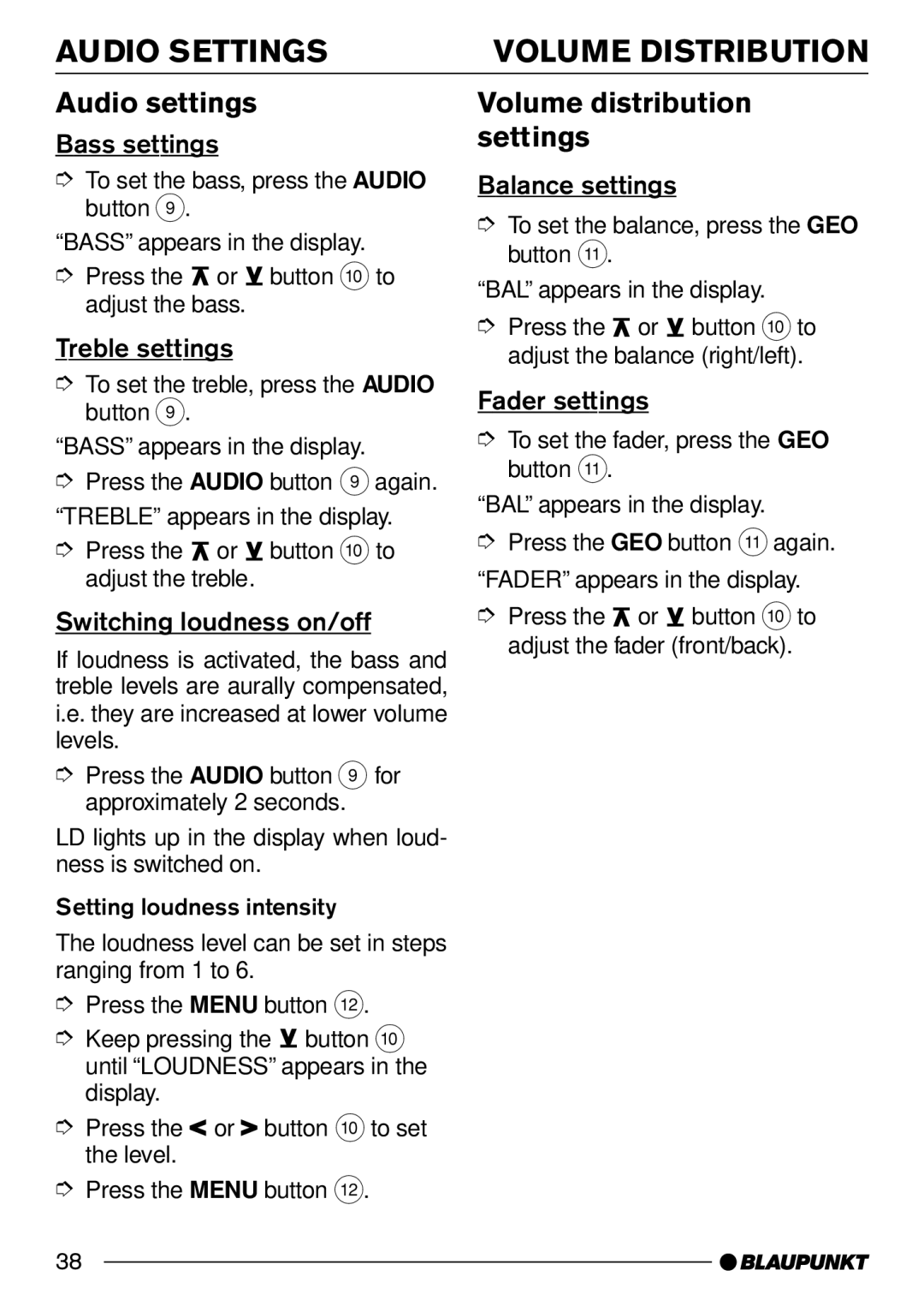 Blaupunkt CD30 operating instructions Audio Settings Volume Distribution, Audio settings, Volume distribution settings 