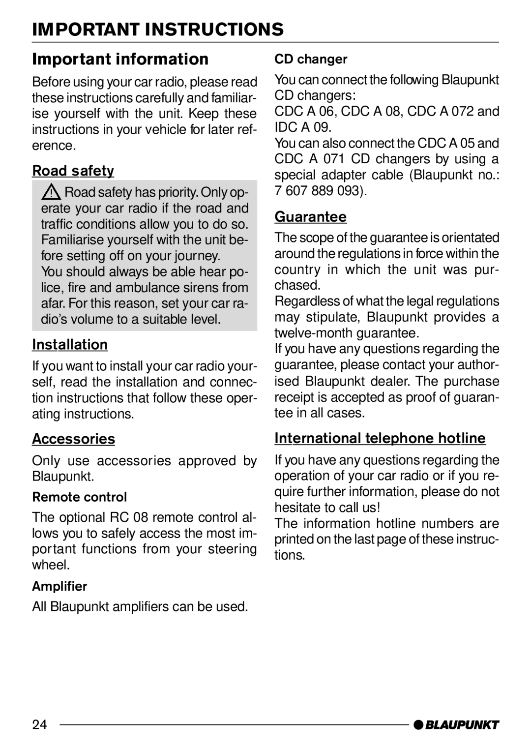 Blaupunkt CD30 operating instructions Important Instructions, Important information 