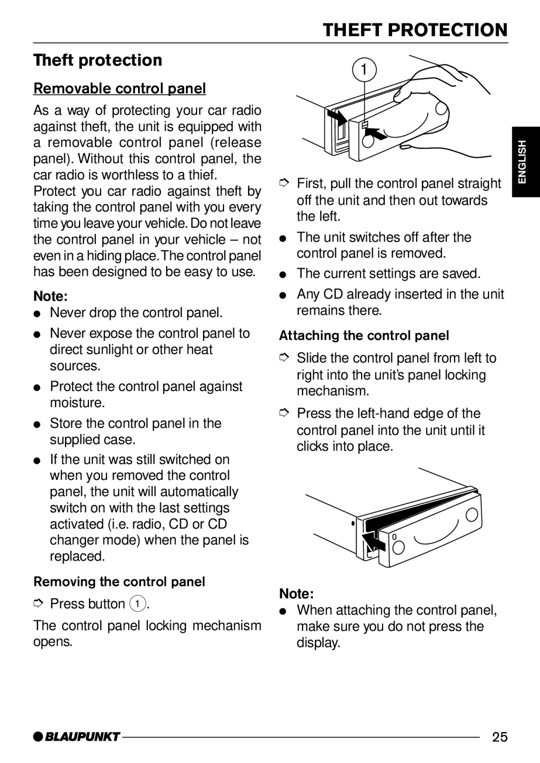 Blaupunkt CD30 operating instructions Theft Protection, Theft protection, Removable control panel 