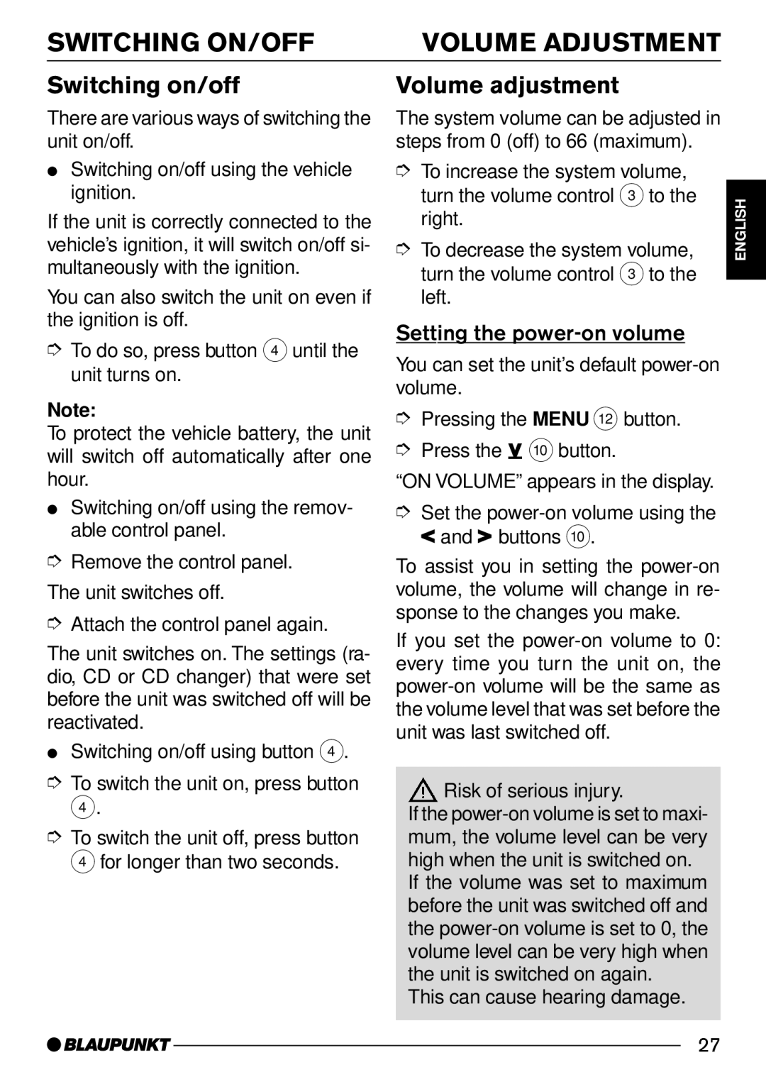 Blaupunkt CD30 operating instructions Switching ON/OFF, Switching on/off, Volume adjustment, Setting the power-on volume 