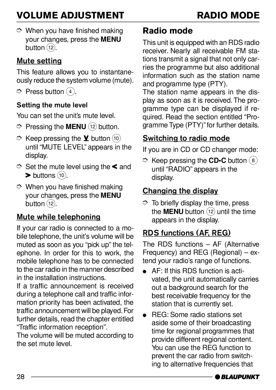 Blaupunkt CD30 operating instructions Volume Adjustment Radio Mode, Radio mode 