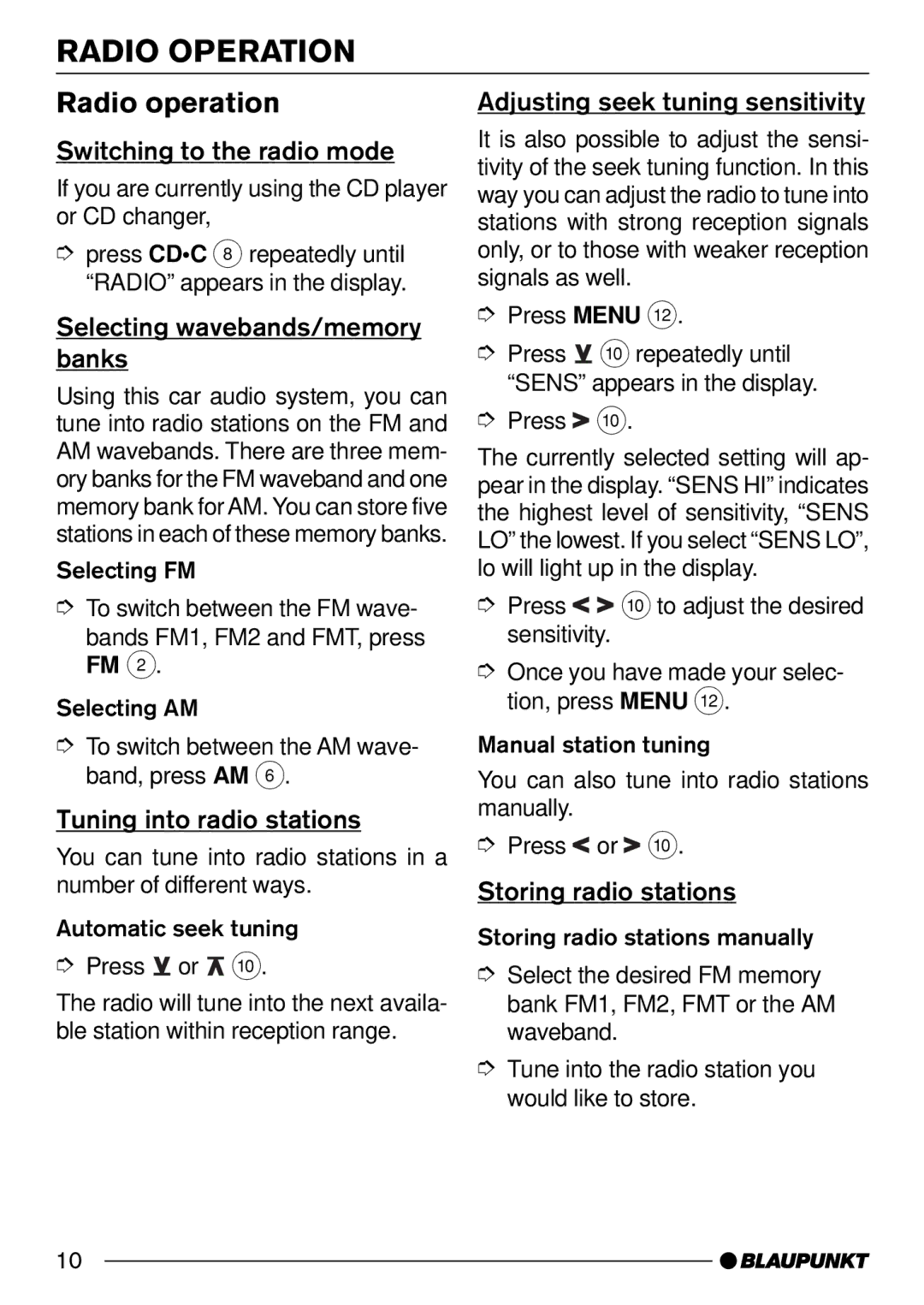 Blaupunkt CD30 operating instructions Radio Operation, Radio operation 