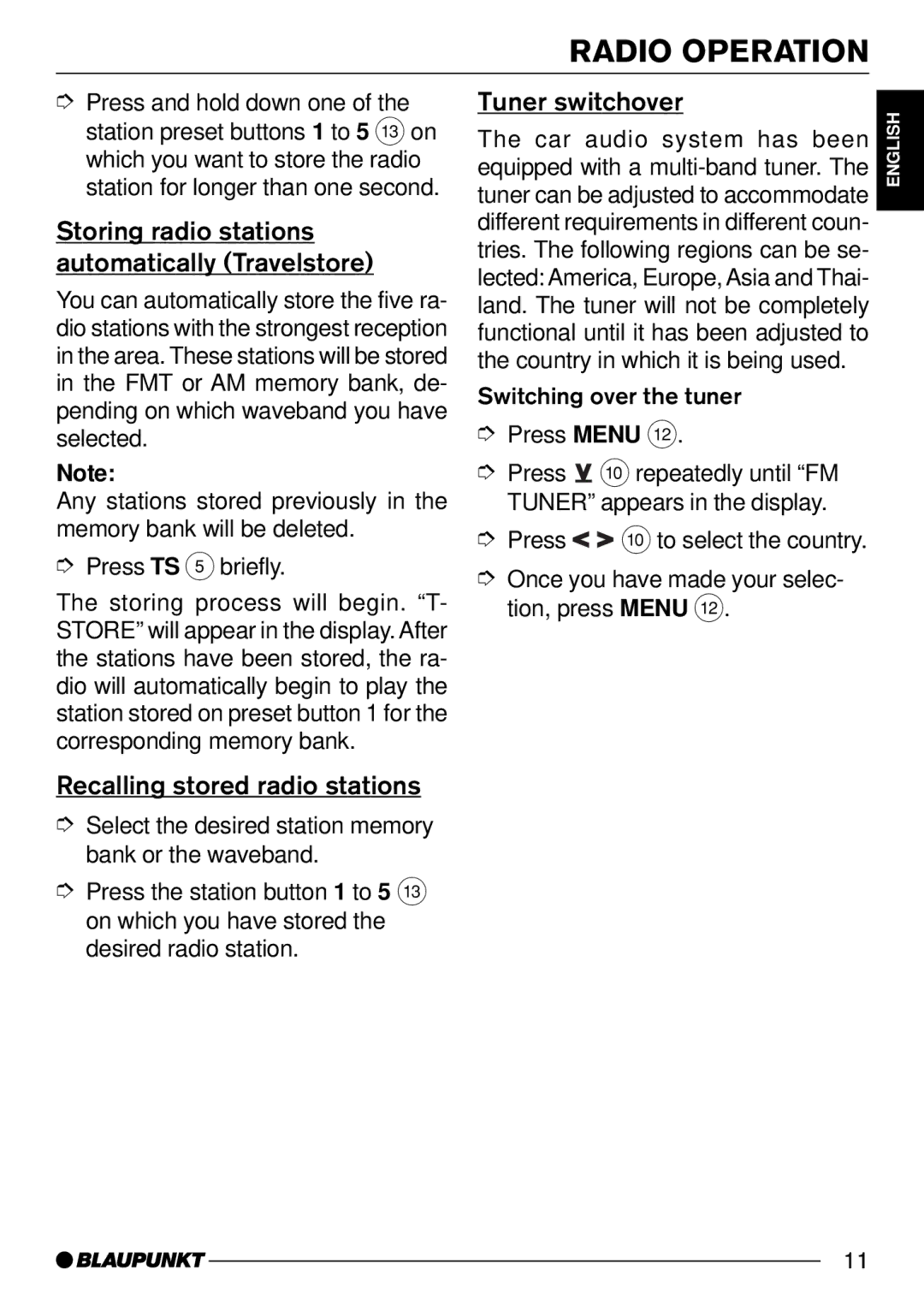 Blaupunkt CD30 Storing radio stations automatically Travelstore, Tuner switchover, Recalling stored radio stations 