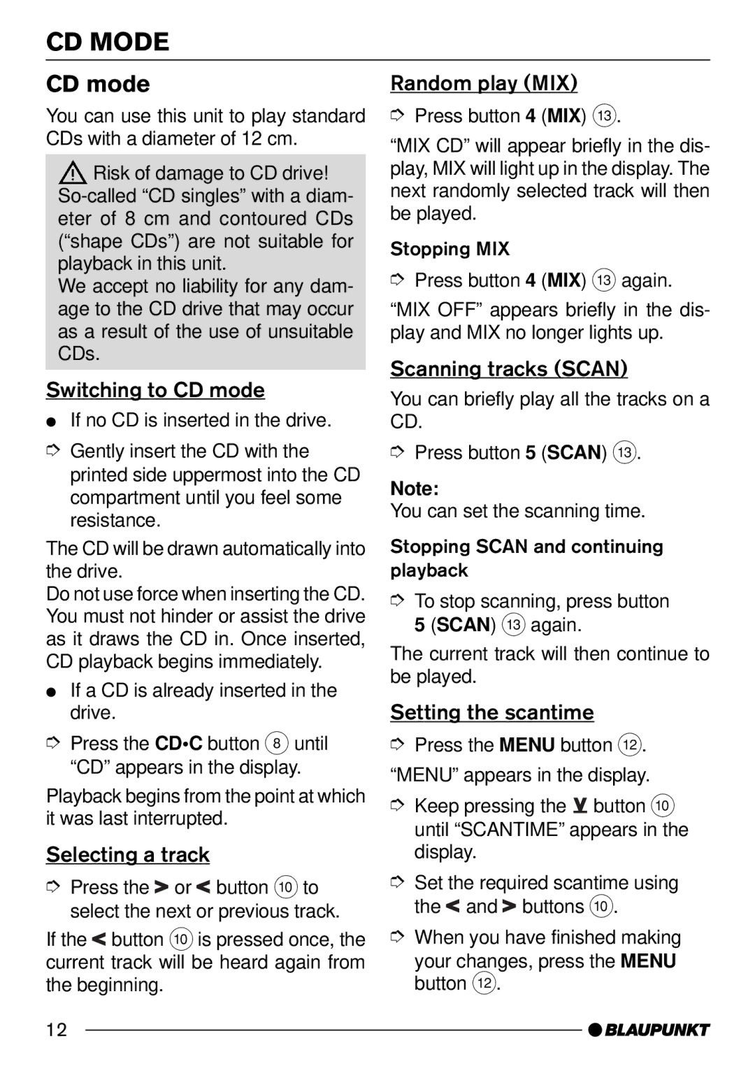 Blaupunkt CD30 operating instructions CD Mode, CD mode 