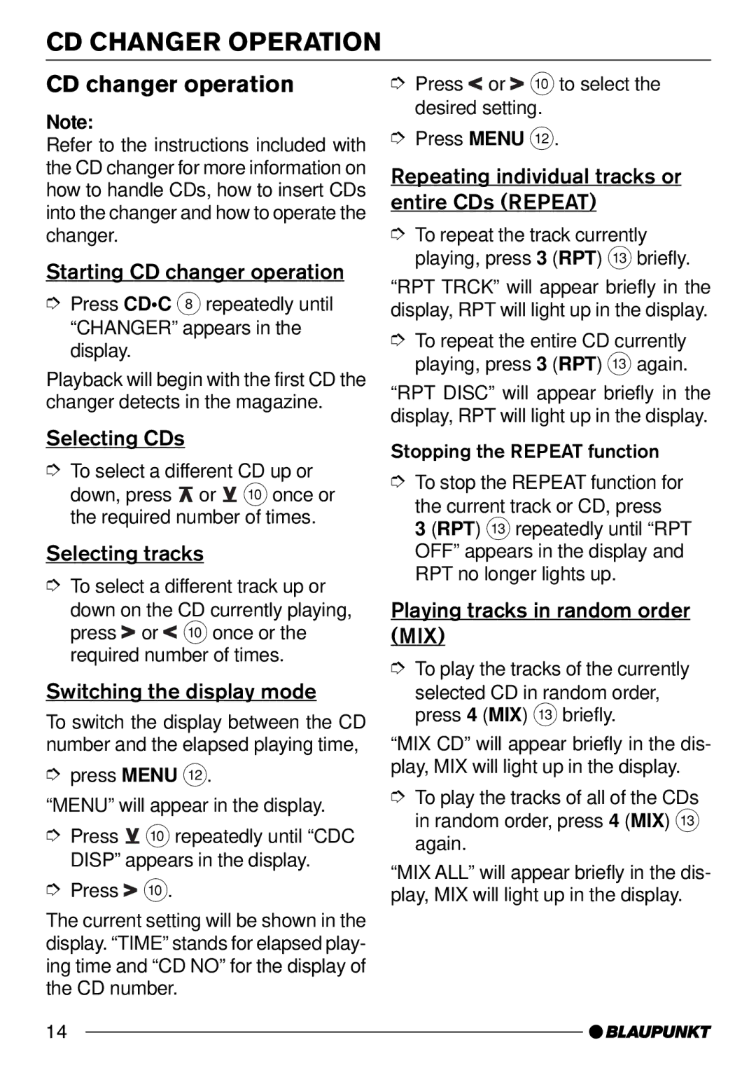 Blaupunkt CD30 operating instructions CD Changer Operation, CD changer operation 