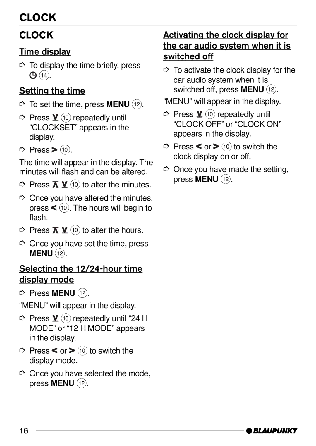 Blaupunkt CD30 operating instructions Clock, Time display, Setting the time, Selecting the 12/24-hour time display mode 