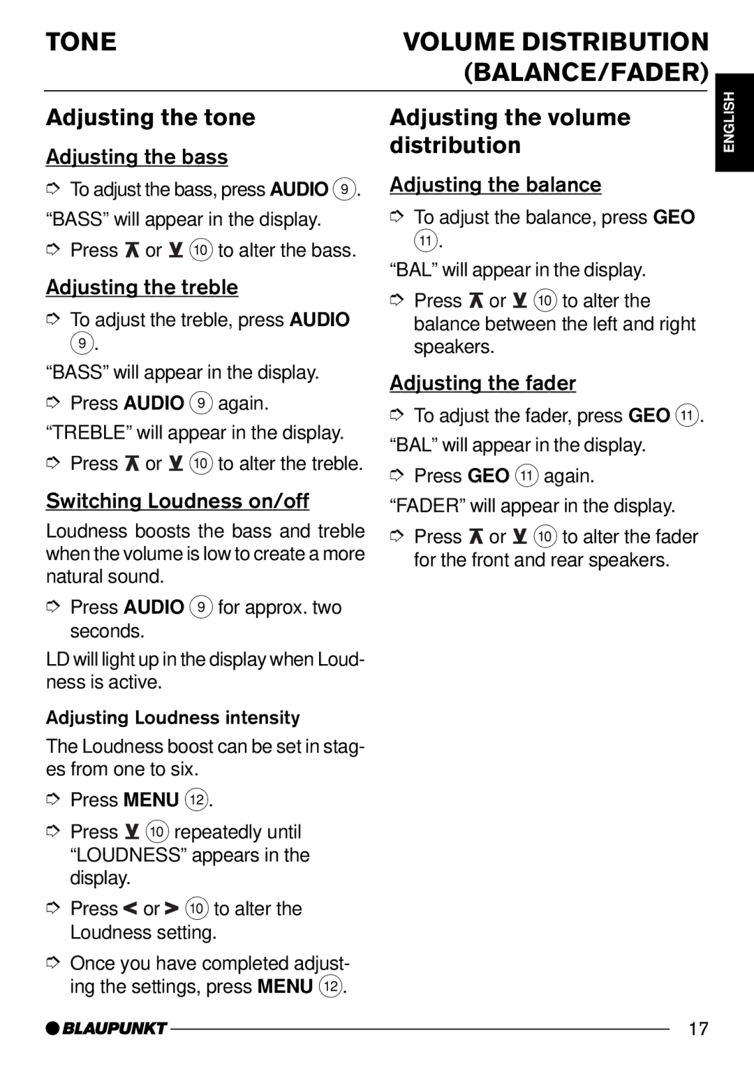 Blaupunkt CD30 Tone Volume Distribution BALANCE/FADER, Adjusting the tone, Adjusting the volume distribution 