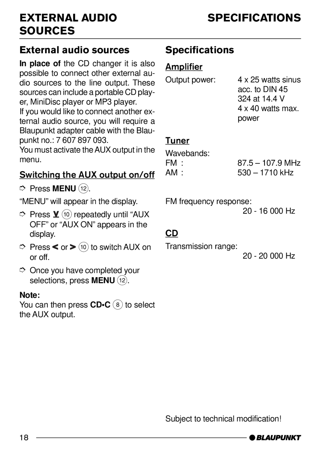 Blaupunkt CD30 operating instructions External Audio Specifications Sources, External audio sources 