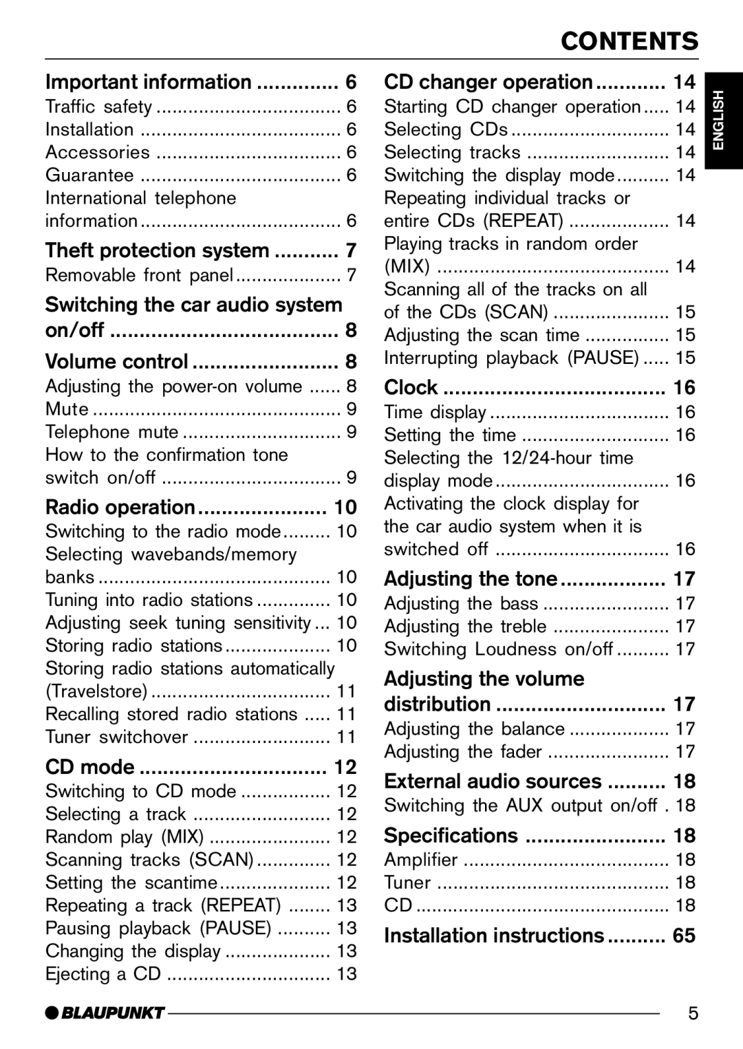 Blaupunkt CD30 operating instructions Contents 