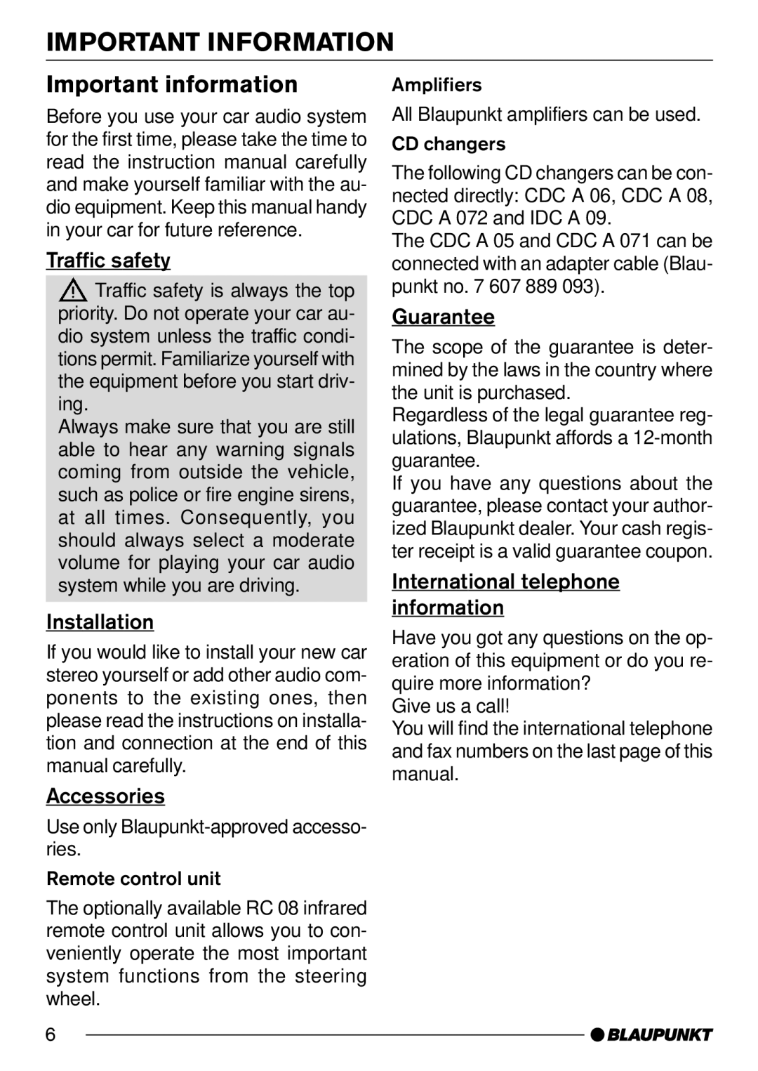 Blaupunkt CD30 operating instructions Important Information, Important information 