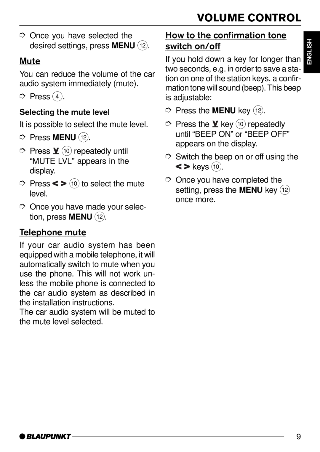 Blaupunkt CD30 operating instructions Volume Control, Mute, How to the confirmation tone switch on/off, Telephone mute 