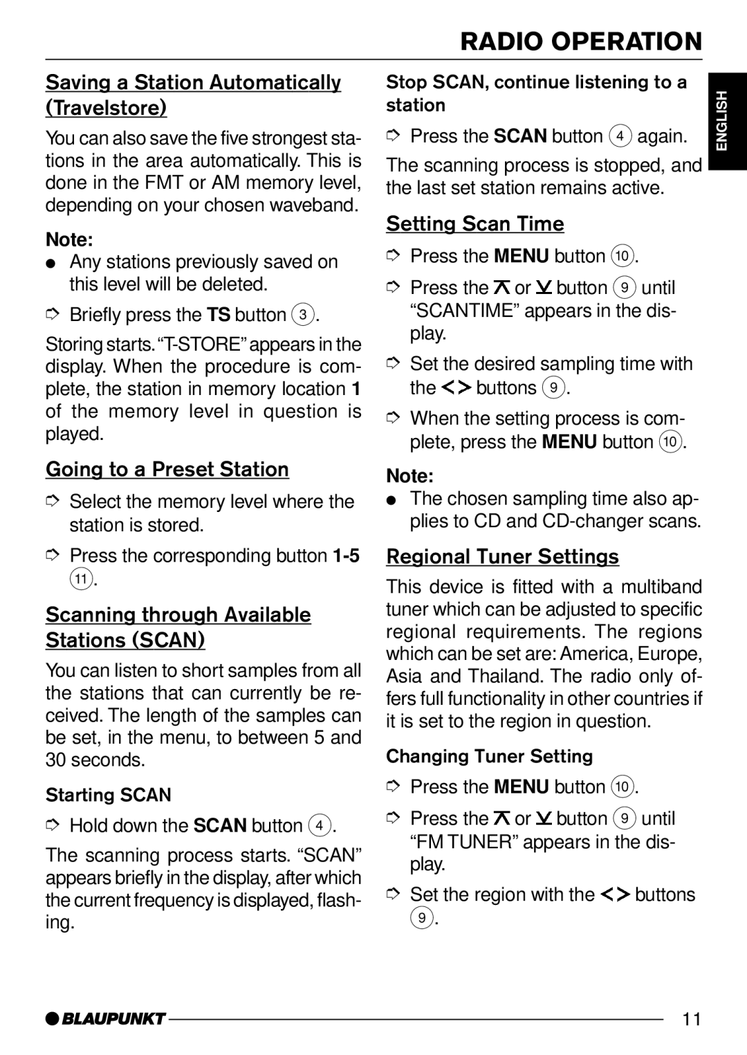 Blaupunkt CD31 Saving a Station Automatically Travelstore, Going to a Preset Station, Setting Scan Time 