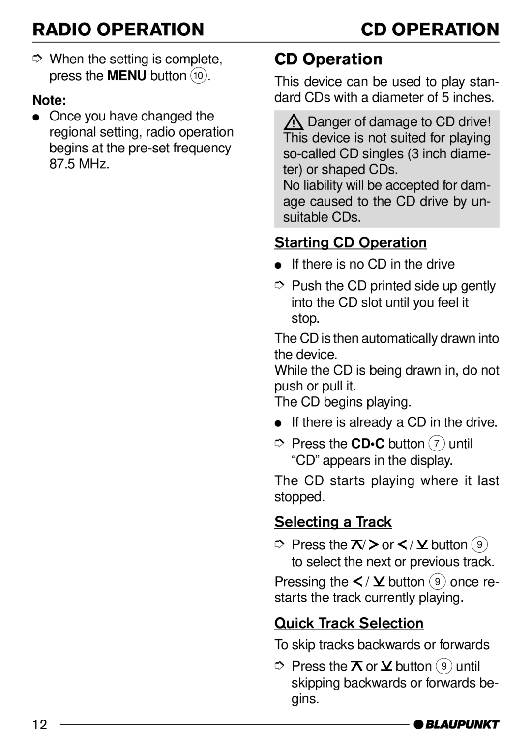 Blaupunkt CD31 operating instructions Starting CD Operation, Selecting a Track, Quick Track Selection 