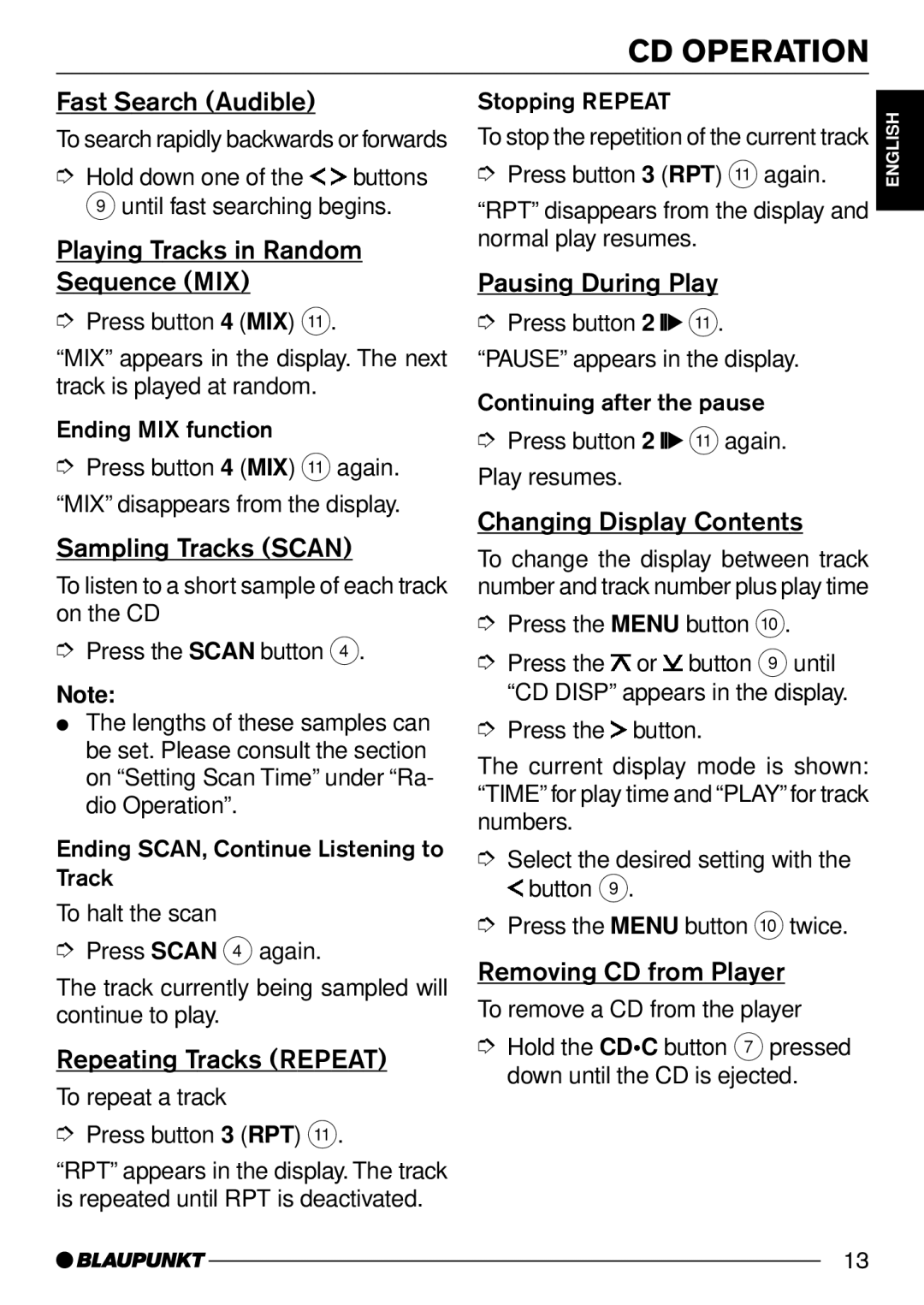 Blaupunkt CD31 operating instructions CD Operation 