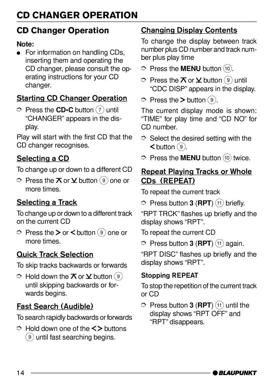 Blaupunkt CD31 operating instructions Starting CD Changer Operation Changing Display Contents, Selecting a CD 