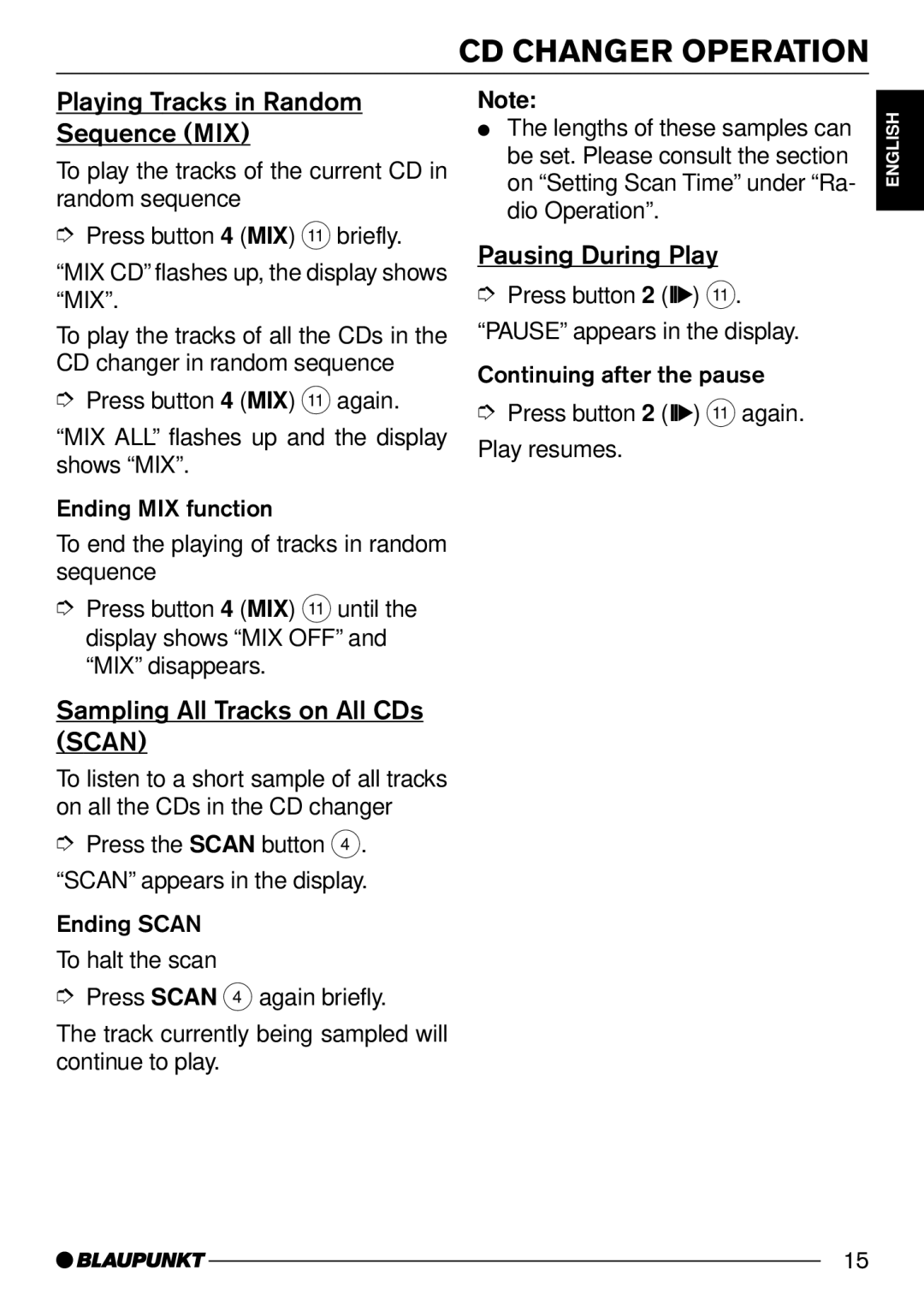 Blaupunkt CD31 operating instructions Sampling All Tracks on All CDs Scan 