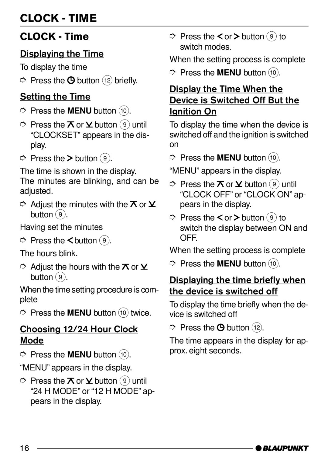 Blaupunkt CD31 operating instructions Clock Time 