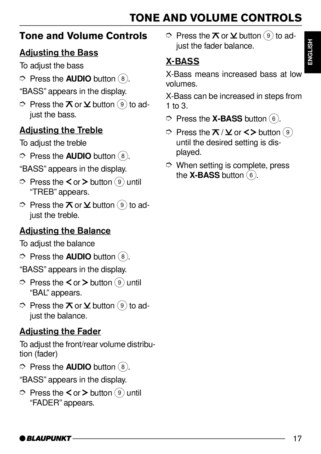 Blaupunkt CD31 operating instructions Tone and Volume Controls 