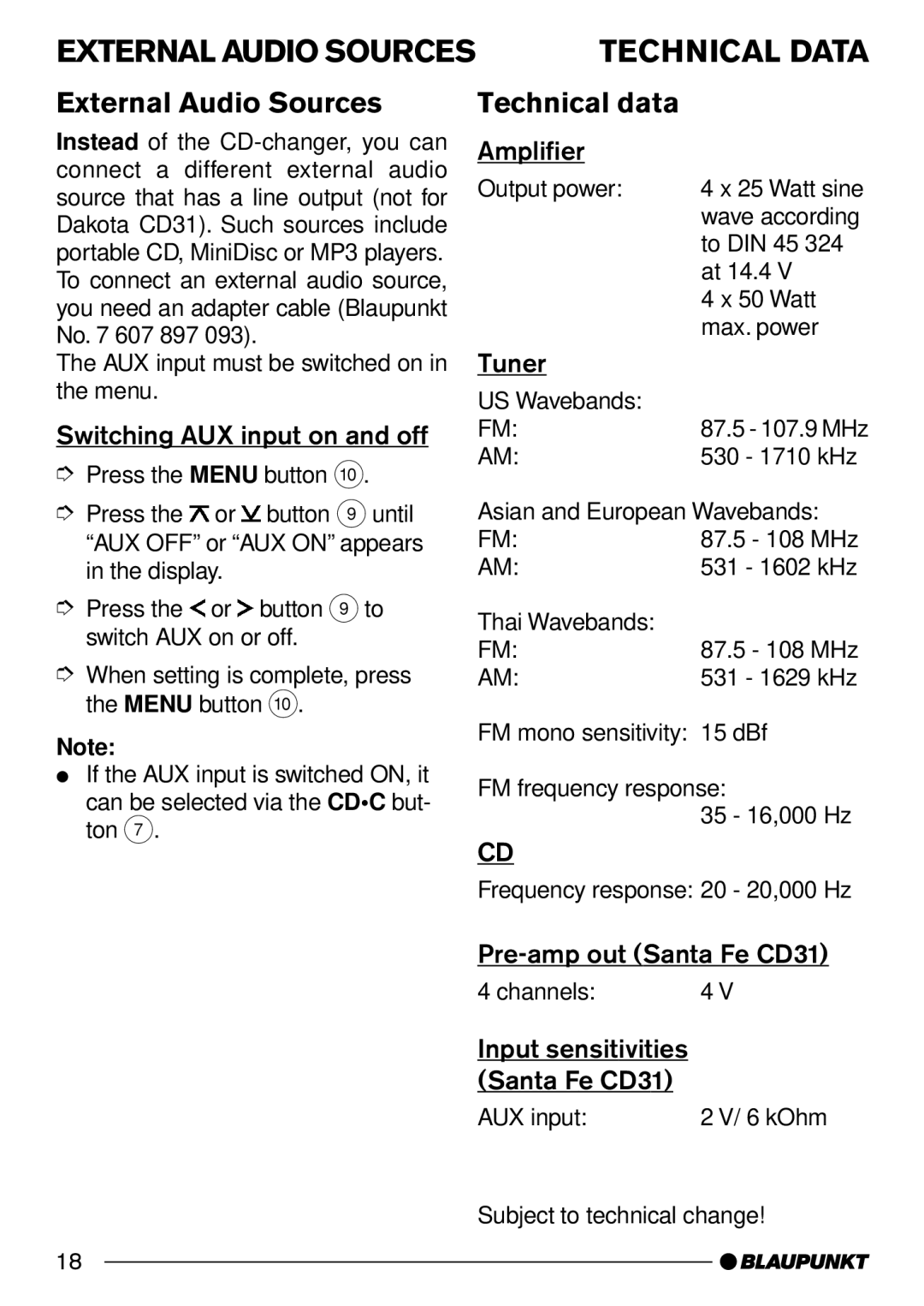 Blaupunkt CD31 operating instructions External Audio Sources, Technical data 