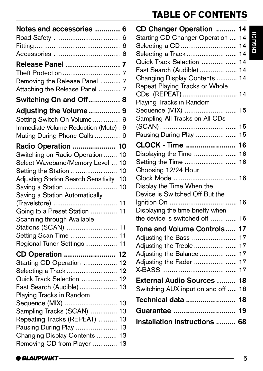 Blaupunkt CD31 operating instructions Table of Contents 