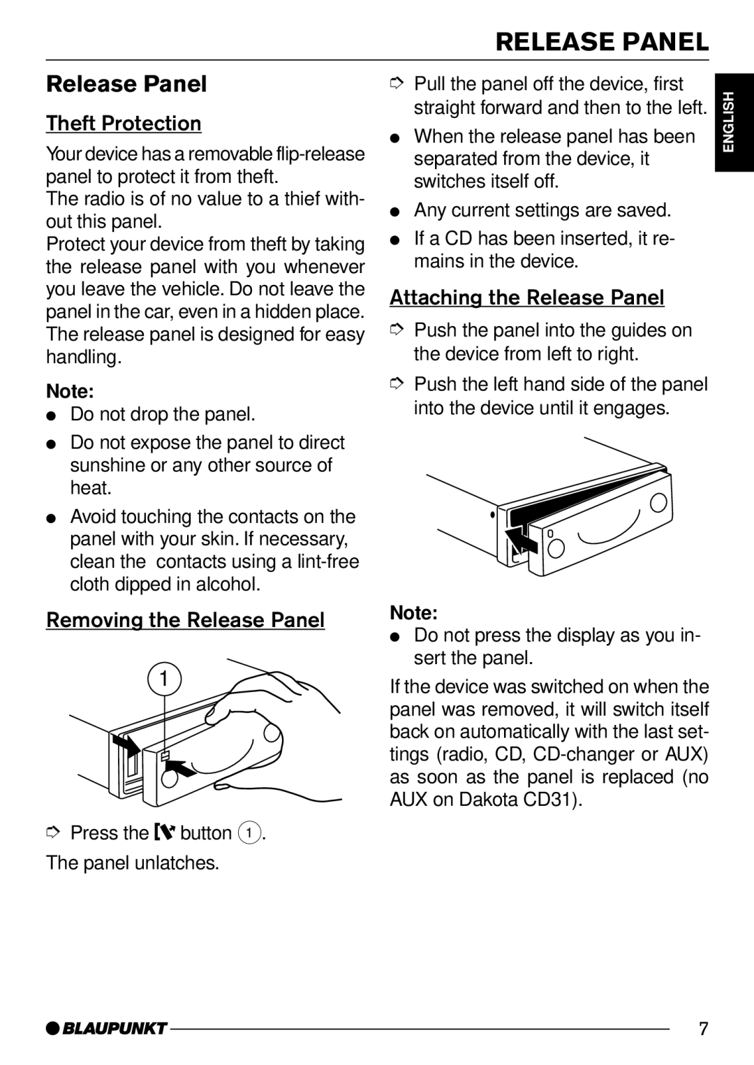 Blaupunkt CD31 operating instructions Theft Protection, Removing the Release Panel, Attaching the Release Panel 