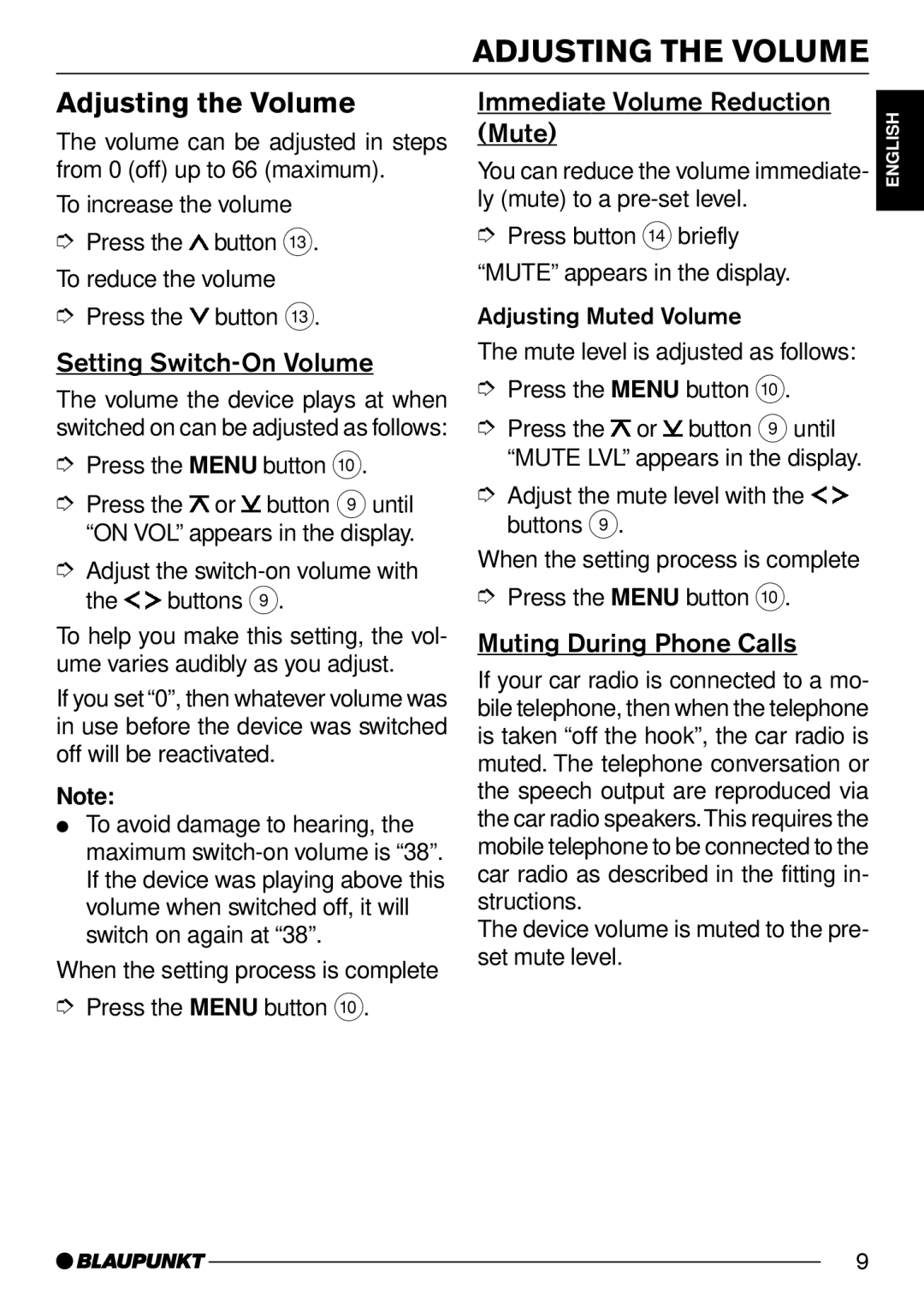 Blaupunkt CD31 operating instructions Adjusting the Volume 