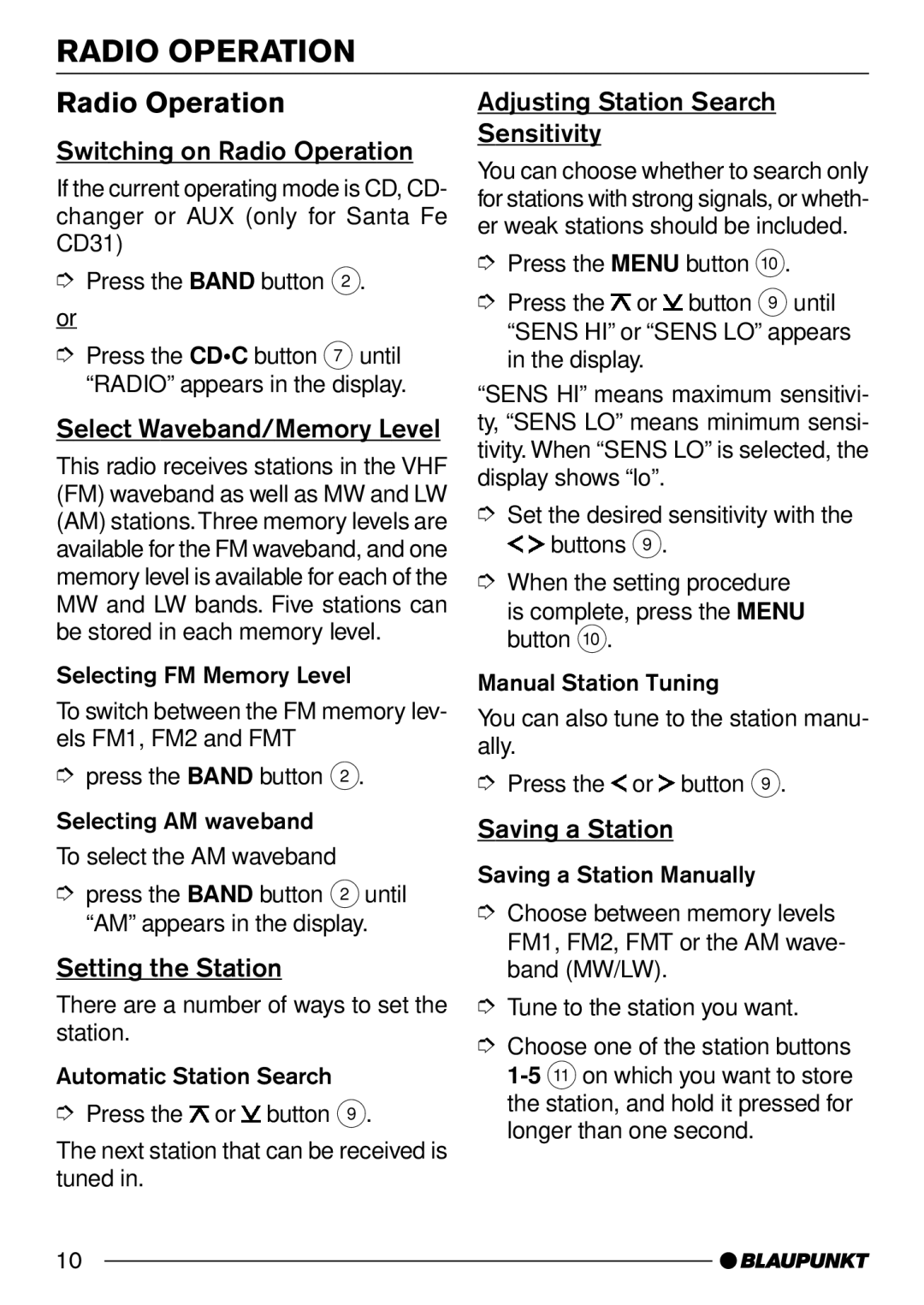 Blaupunkt CD31 operating instructions Radio Operation 