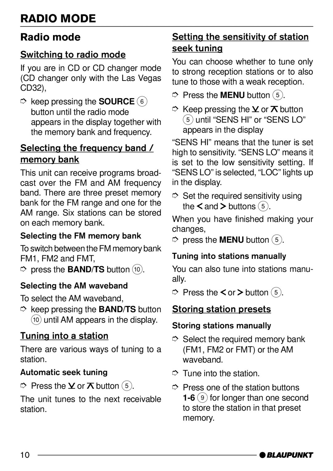 Blaupunkt CD32 installation instructions Radio Mode, Radio mode 