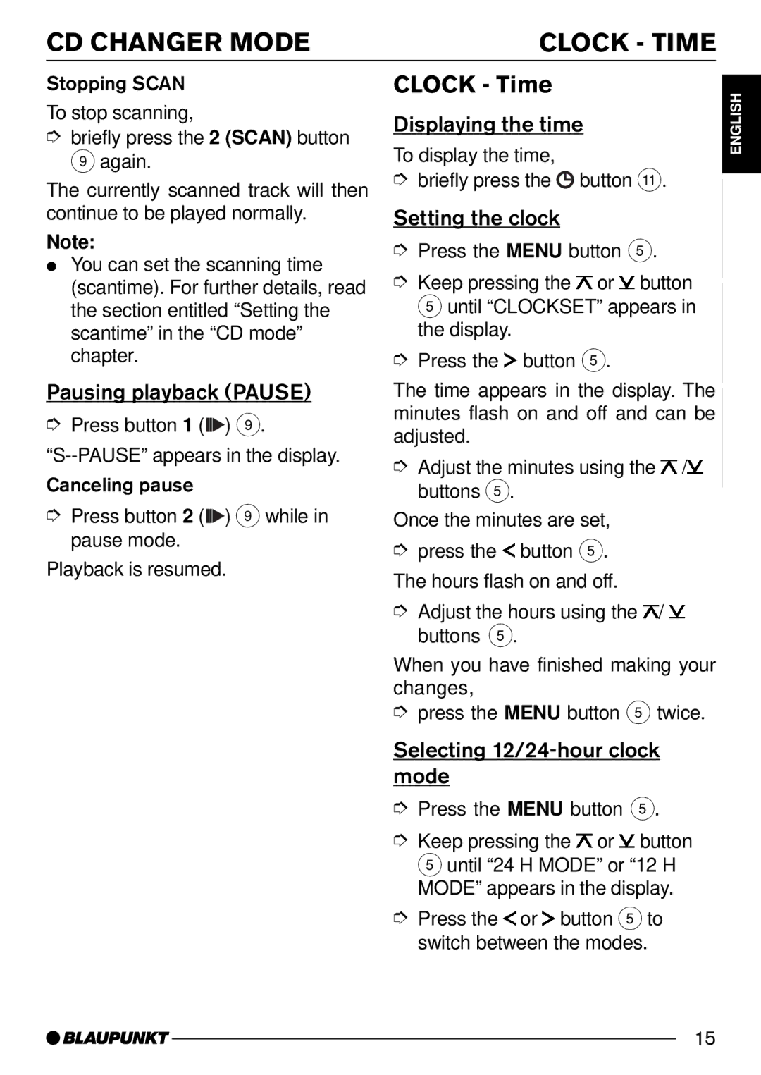 Blaupunkt CD32 CD Changer Mode Clock Time, Displaying the time, Setting the clock, Selecting 12/24-hour clock mode 