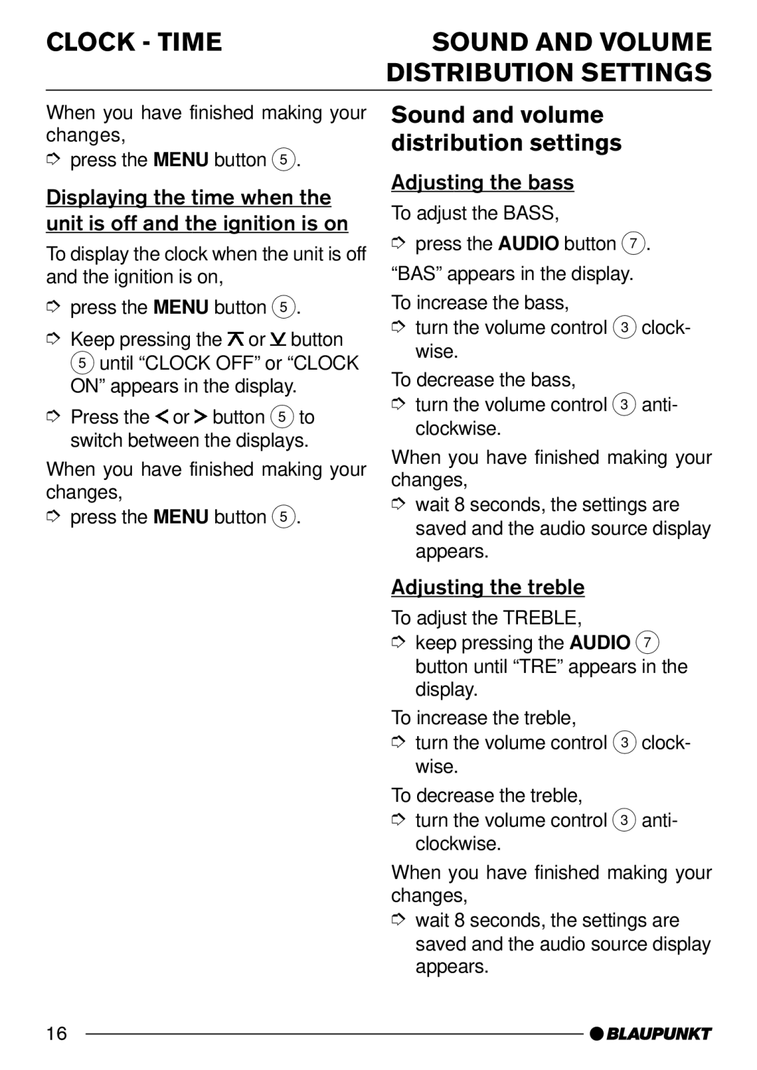 Blaupunkt CD32 Clock Time Sound and Volume Distribution Settings, Sound and volume, Distribution settings 