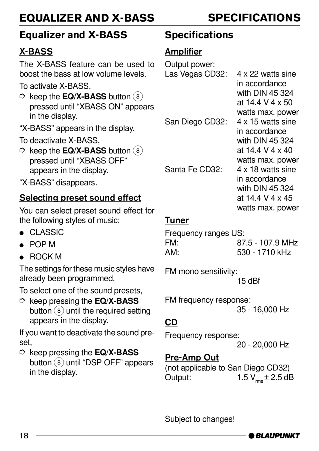 Blaupunkt CD32 Equalizer and X-BASS Specifications, Selecting preset sound effect, Tuner, Pre-Amp Out 