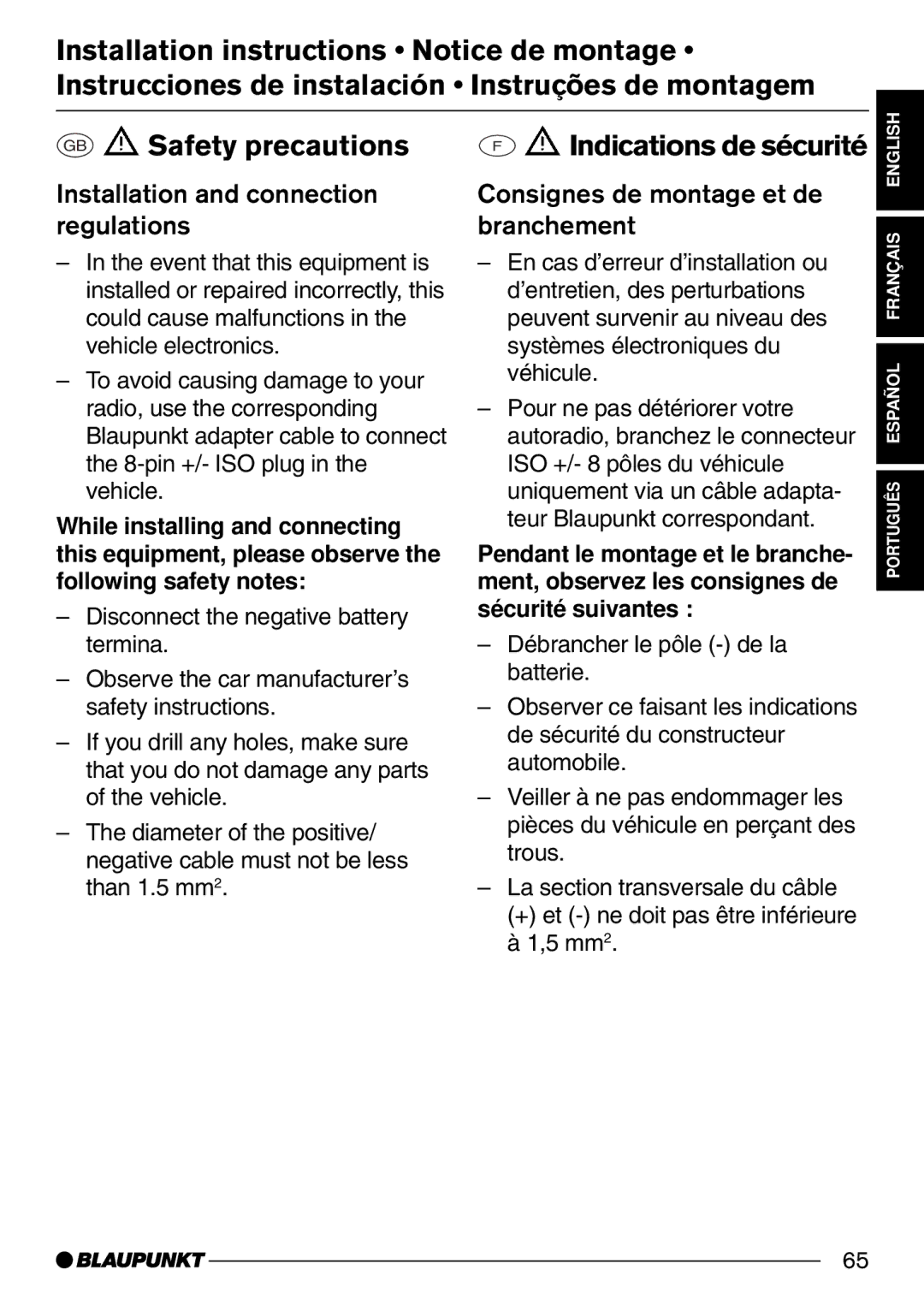 Blaupunkt CD32 Indications de sécurité, Installation and connection regulations, Consignes de montage et de branchement 