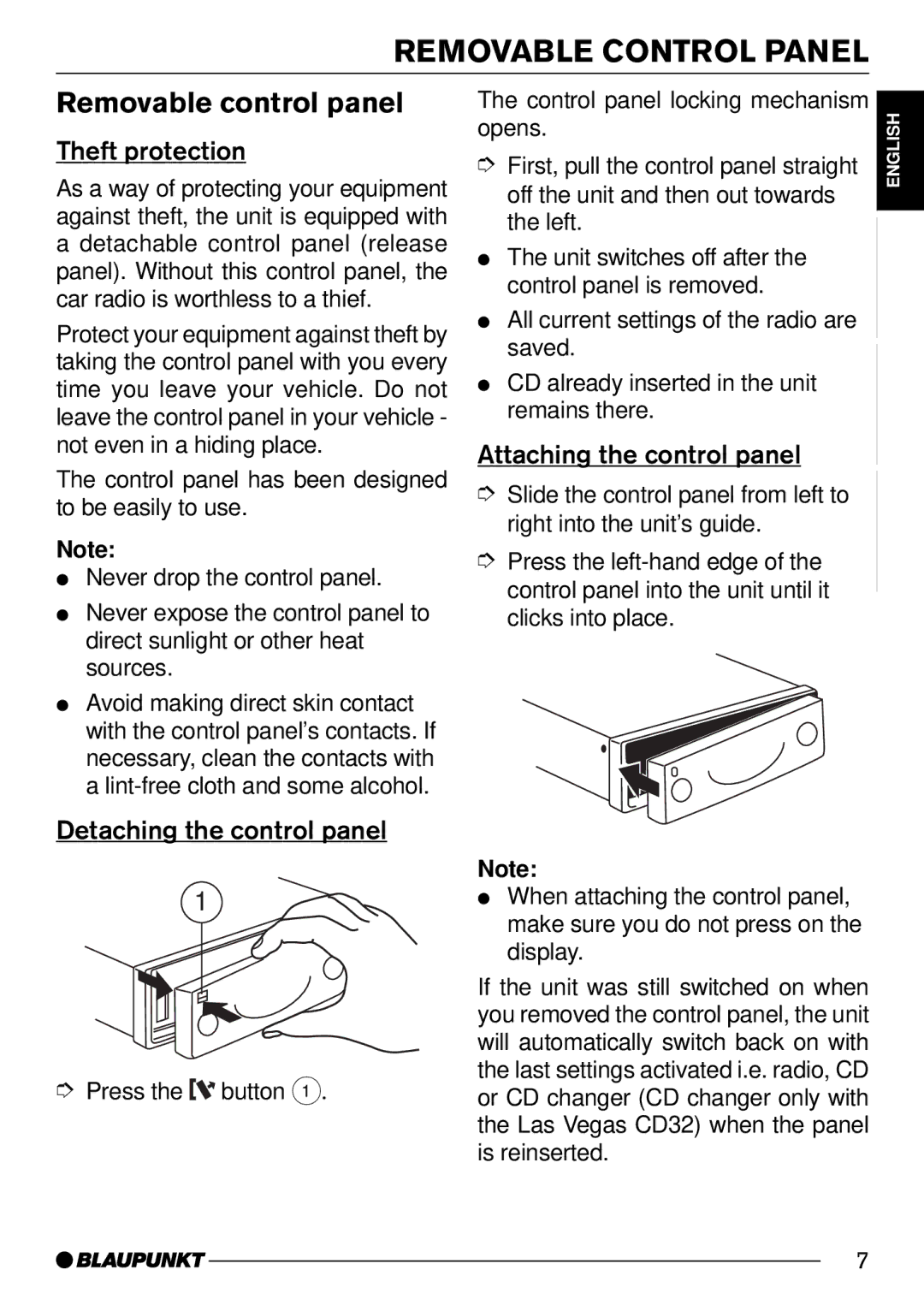 Blaupunkt CD32 Removable Control Panel, Removable control panel, Theft protection, Detaching the control panel 