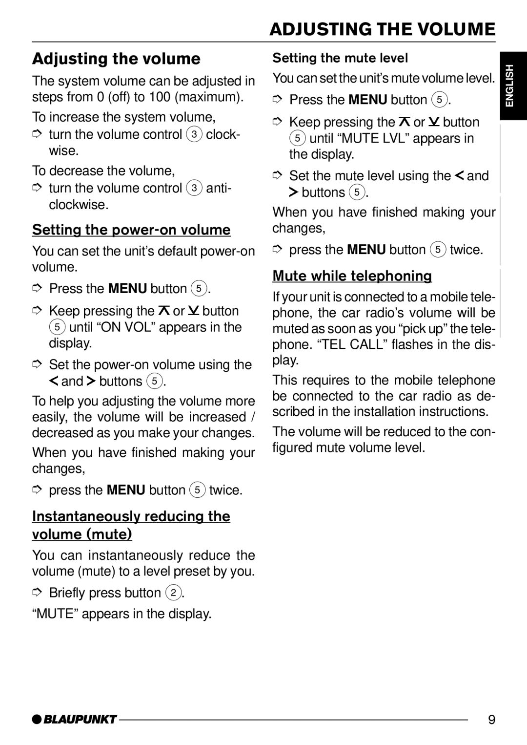 Blaupunkt CD32 Adjusting the Volume, Adjusting the volume, Setting the power-on volume, Mute while telephoning 