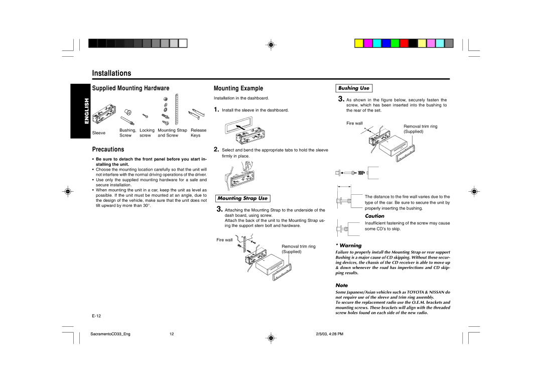 Blaupunkt CD33 installation instructions Installations, Supplied Mounting Hardware, Mounting Example, Precautions 