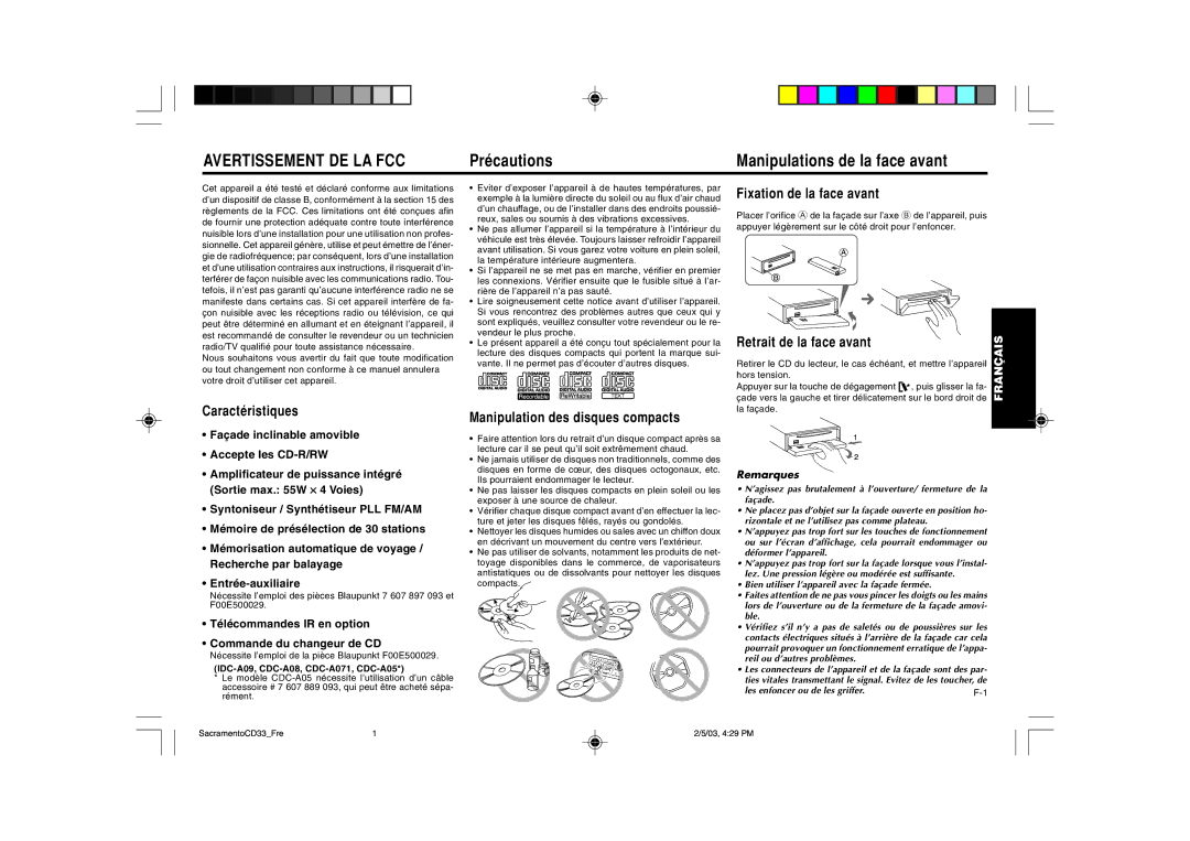 Blaupunkt CD33 installation instructions Précautions Manipulations de la face avant, Français 