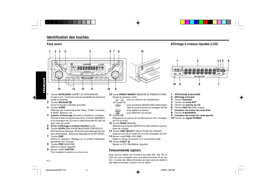 Blaupunkt CD33 Identification des touches, Çais, Face avant, Affichage à cristaux liquides LCD, Télécommande option 