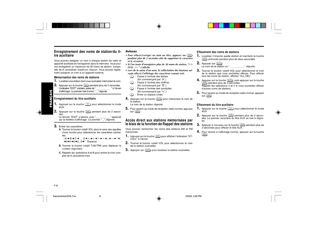 Blaupunkt CD33 Enregistrement des noms de station/du ti- tre auxiliaire, Mémorisation des noms de stations 