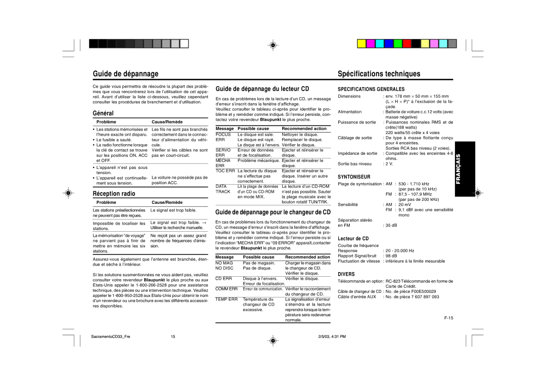 Blaupunkt CD33 Guide de dépannage Spécifications techniques, Général, Réception radio, Guide de dépannage du lecteur CD 