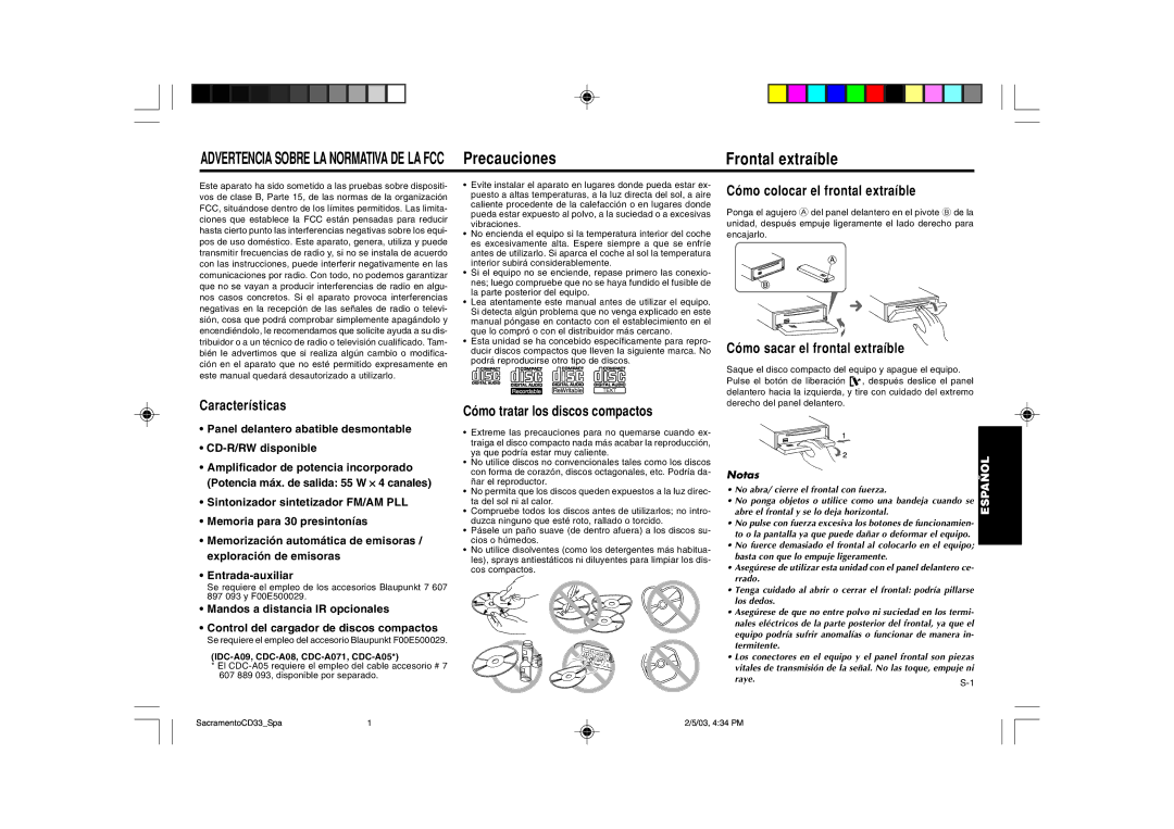 Blaupunkt CD33 Frontal extraíble, Cómo colocar el frontal extraíble, Cómo sacar el frontal extraíble, Notas 