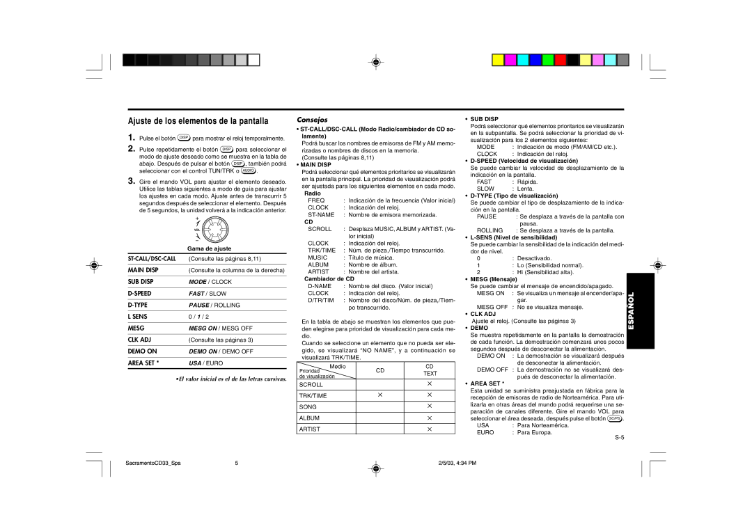 Blaupunkt CD33 Ajuste de los elementos de la pantalla, Consejos, El valor inicial es el de las letras cursivas 