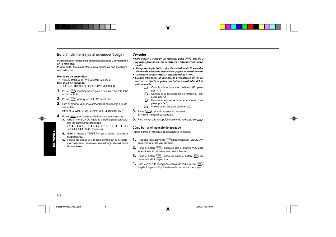 Blaupunkt CD33 installation instructions Edición de mensajes al encender/apagar, Ñol, Espa 