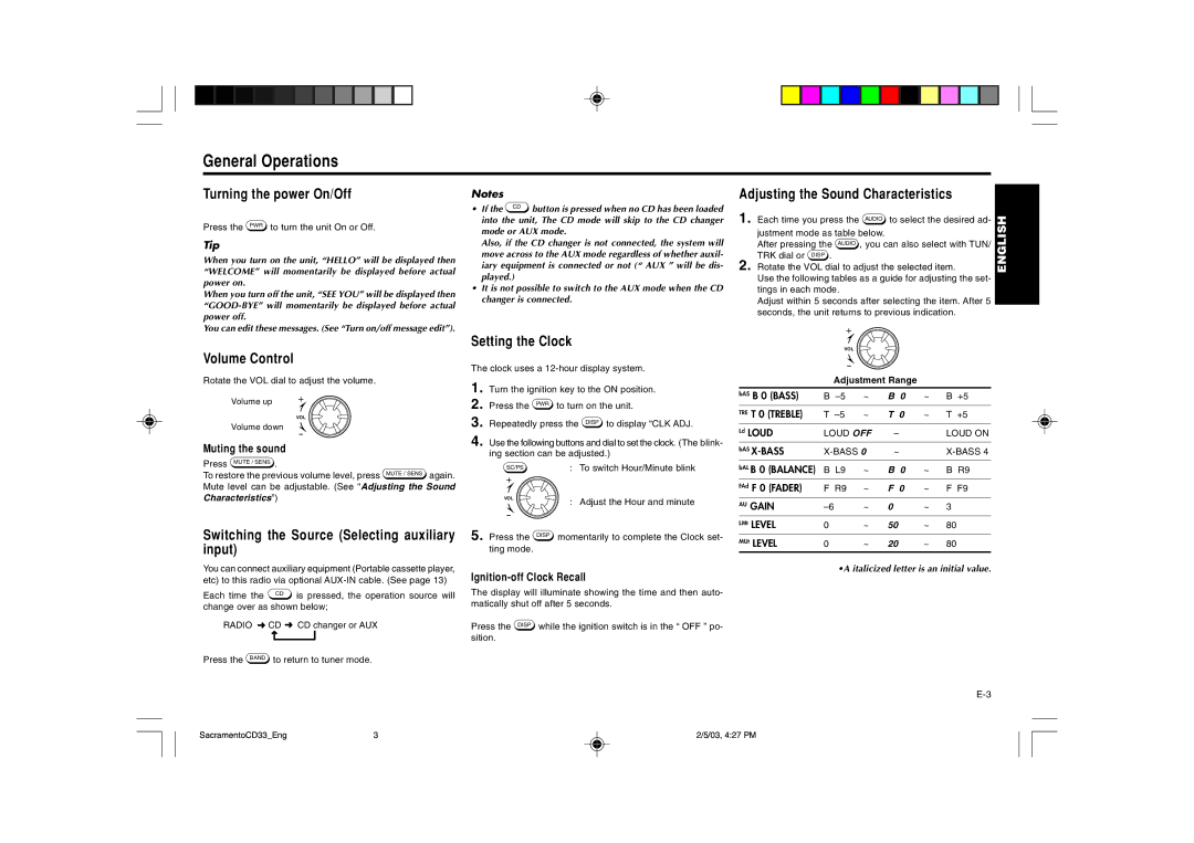 Blaupunkt CD33 installation instructions General Operations, Turning the power On/Off, Volume Control, Setting the Clock 