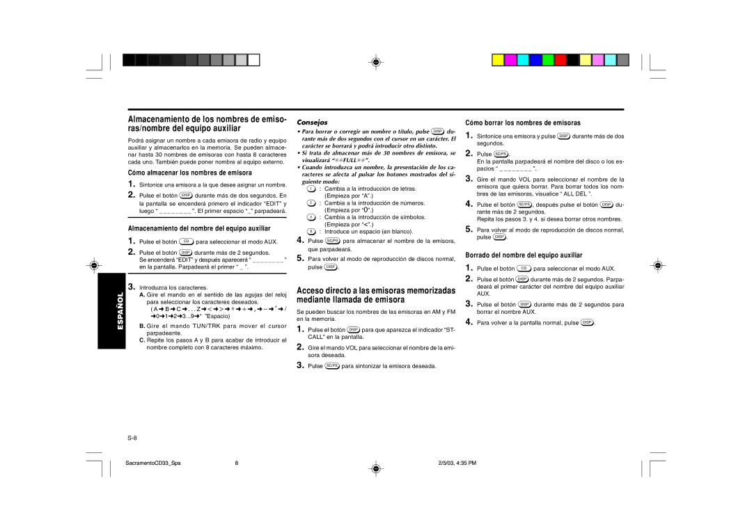 Blaupunkt CD33 Cómo almacenar los nombres de emisora, Almacenamiento del nombre del equipo auxiliar, Guiente modo 