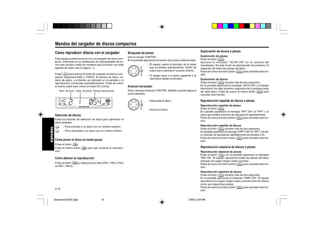 Blaupunkt CD33 installation instructions Mandos del cargador de discos compactos, Cómo reproducir discos con el cargador 