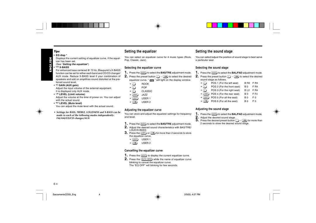 Blaupunkt CD33 installation instructions Setting the equalizer, Setting the sound stage, Tips, FM/AM/CD/CD changer/AUX 