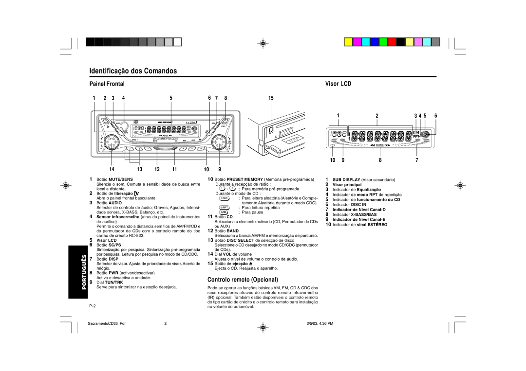 Blaupunkt CD33 Identificação dos Comandos, Painel Frontal Visor LCD, Português, Controlo remoto Opcional 