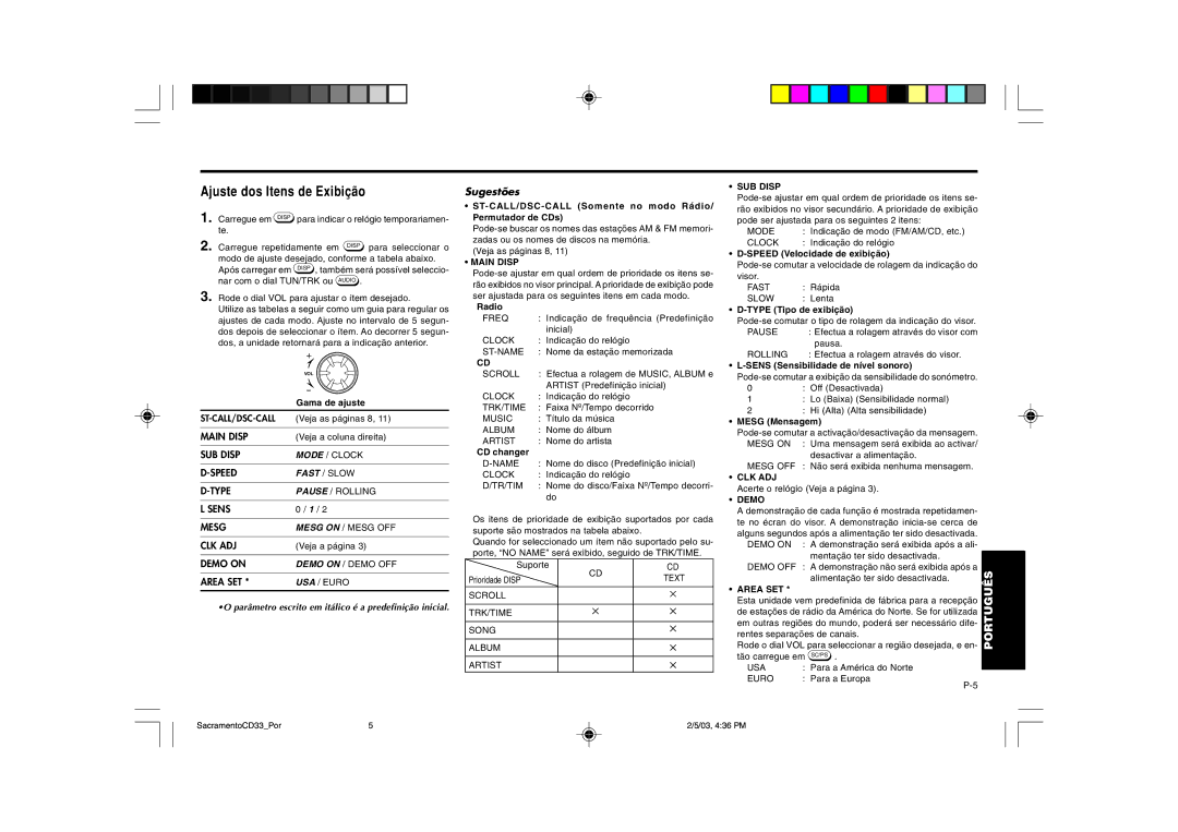 Blaupunkt CD33 installation instructions Ajuste dos Itens de Exibição, Sugestões 