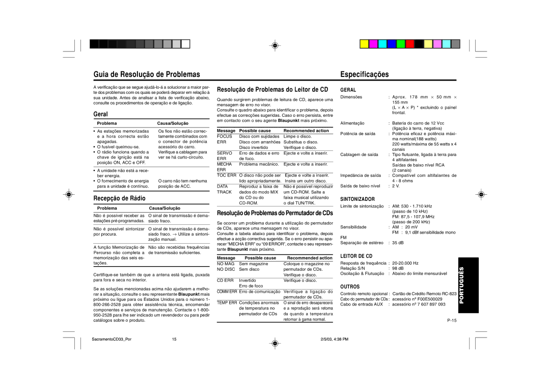 Blaupunkt CD33 installation instructions Guia de Resolução de Problemas Especificações, Geral, Recepção de Rádio 